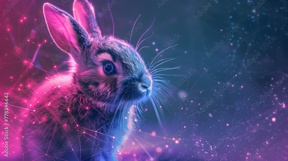 Poster cute little rabbit with glowing particles and lines in the background against a dark pink light effe