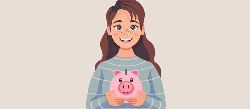 A woman is holding a cartoonstyle pink piggy bank with a smiling face and a curly tail. The illustration gives off a joyful and happy vibe, perfect for a childs room decor
