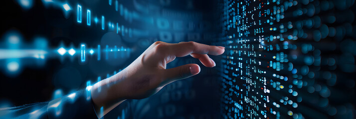 Digital data technology concept with a hand touching a digital screen and binary code background