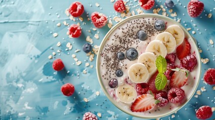 Granola with yogurt and berries in bowl on a blue background