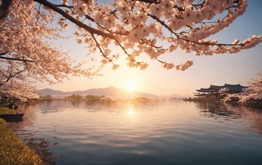 Cherry blossom sakura over water at sunset