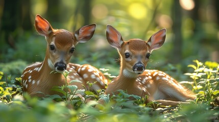 A pair of tiny fawns grazing in a sun-dappled forest glade.