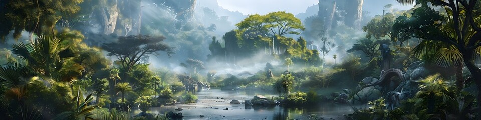a river with trees and rocks in the middle - obrazy, fototapety, plakaty