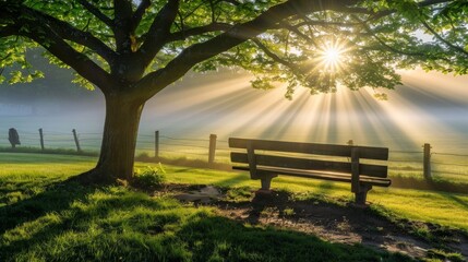 Under the tree, fog shrouds the sunlit park bench