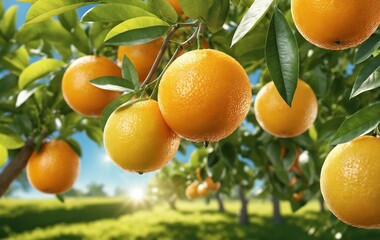 Ripe oranges on tree in orchard, closeup. Space for text