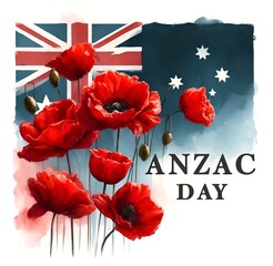 Watercolor illustration for anzac day with red poppy flowers and flag of australia.
