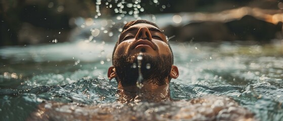 Man Embraces Nature's Shower for Post-Exercise Renewal. Concept Nature, Exercise, Renewal, Wellness, Outdoors