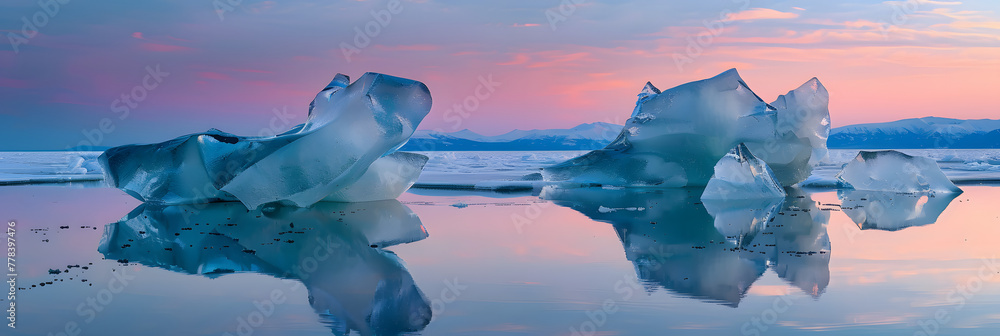 Poster ice on the lake, two large ice blocks of different shapes in front of each other, reflection, sunset