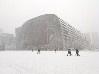 Snowed Markthal in Rotterdam, Netherlands