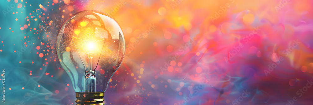 Poster light bulb with glowing light particles on colorful background