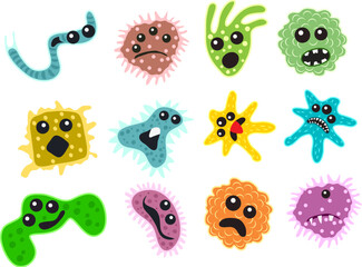 vector cute cartoon bacteria or microbe icons - obrazy, fototapety, plakaty