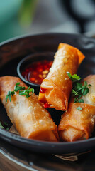 Crispy vegetable spring rolls served with sweet chili sauce for dipping, perfect as an appetizer or side dish, delicious food style, blur background, natural look