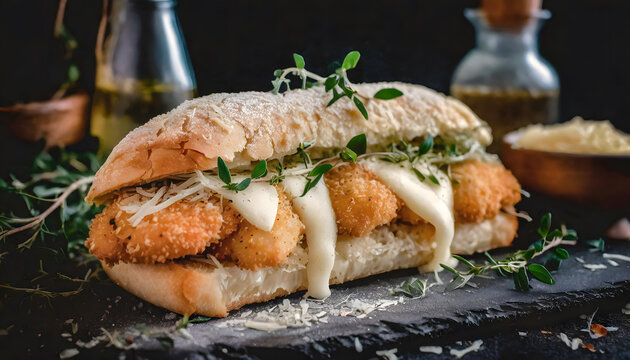 ciabatta, parmesan, sandwich, belegt, essen, fleisch, Backfisch, huhn,, anlasser, board, lunch, close up, schmelzk&auml;se, 