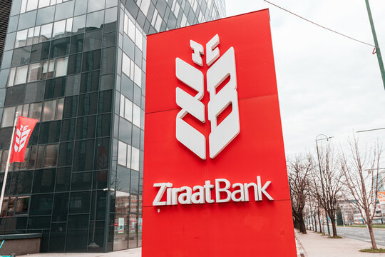 15 March 2024, Sarajevo, Bosnia and Herzegovina: Turkish Ziraat bank logotype at city street