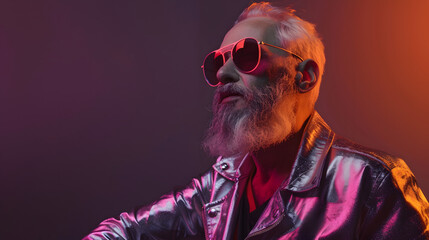 old cool man with white beard and sunglasses in metallic jacket posing on dark purple background