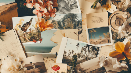 mood board collage in nature summer style, retro style,scraps of paper.different prints of paper. 