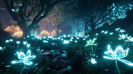 A surreal 3D landscape of glowing, bioluminescent flowers in a mystical forest at night32k, full ultra hd, high resolution