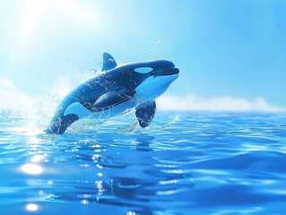 An orca leaps from the blue ocean, sparkling under the sun