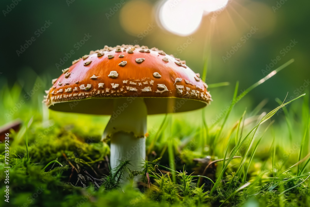 Poster fly agaric in the forest. background with selective focus and copy space