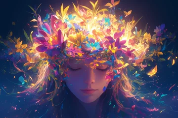 Gardinen A beautiful woman's head with glowing colorful abstract floral design © Photo And Art Panda