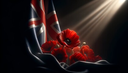 Anzac day background with australian flag and red poppy flowers.
 - obrazy, fototapety, plakaty