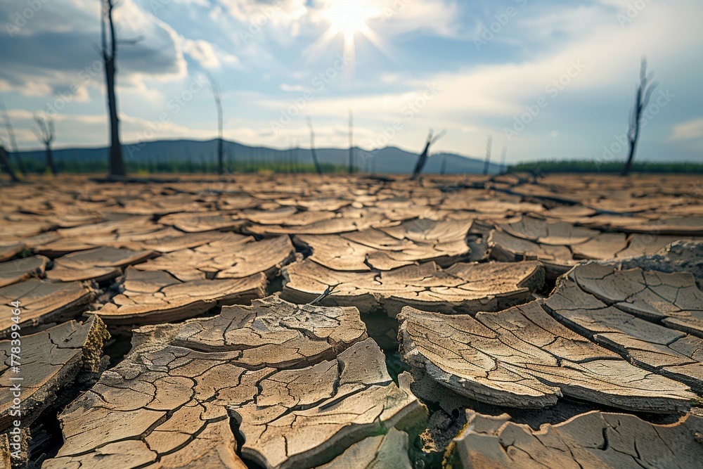 Poster cracked soil in drought concept. record summer heat. background with selective focus and copy space