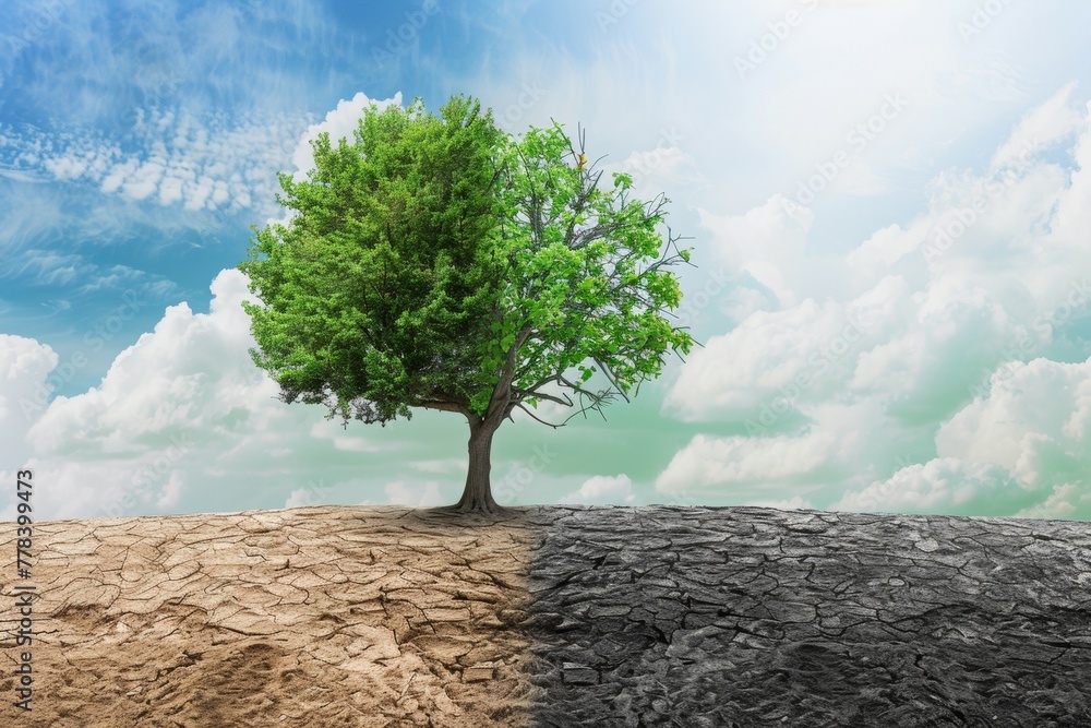 Aufkleber tree in ecology and drought concept. climate change and record heat. background with selective focus