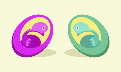 Abstract illustration with animal concept, cartoon chick or duckling in an egg in purple and green colors. Perfect as a logo concept or t-shirt image.