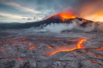 Fotobehang Fiery red lava flows down the volcanic mountainside under a smoke-filled night sky © MobbyStock