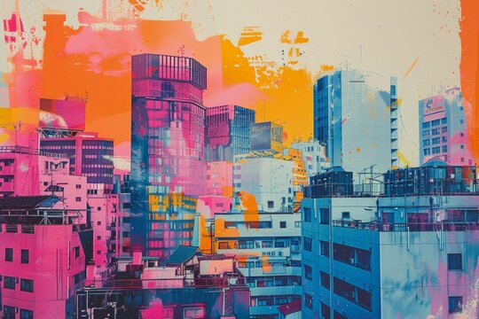 A cityscape with buildings in pink and orange. Risograph effect, trendy riso style