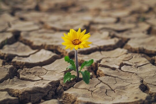 Flower growing from cracked dry soil in drought concept. Record summer heat. Background with selective focus