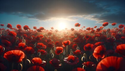 Realistic illustration for anzac day with the scene of a  field of red poppies. - obrazy, fototapety, plakaty