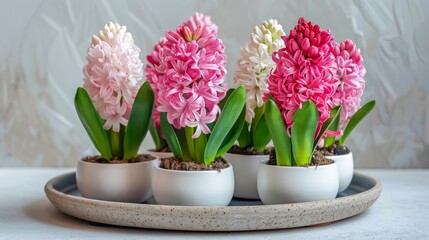  A collection of pink and white blossoms arranged in miniature pots on a tray on a pure linen cloth