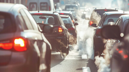 Cars release pollution into the air, exhaust gases. Car traffic jam on the road.