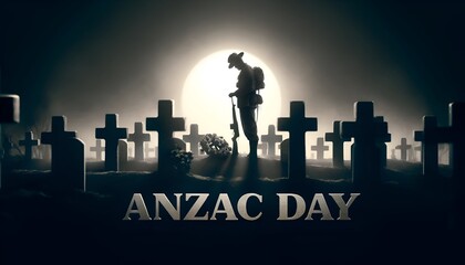 Anzac day background with a silhouette of a soldier standing solemnly next to several crosses in a cemetery.
