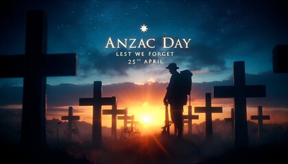 Anzac day background with a silhouette of a soldier standing solemnly next to several crosses in a cemetery at sunset.