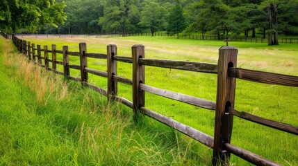 Fototapeta na wymiar Wooden fence, grassy field, trees, green grass background
