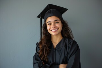 A woman in a black graduation gown is smiling and holding a graduation cap