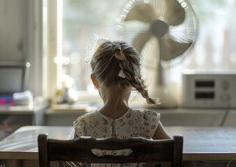 Fototapeta na wymiar A young girl sits at a table with a fan blowing on her
