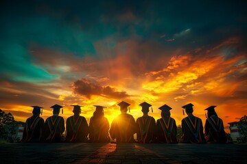 A group of graduates are sitting in a row, with the sun setting behind them