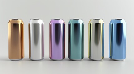 Drink cans in realistic metal colors, including sparkling water, beer, lemonade, and tonic. These aluminum jars are blank and perfect for customization.