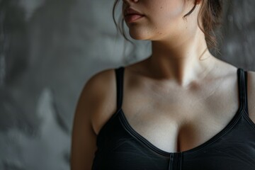 A woman with a large bust is wearing a black bra