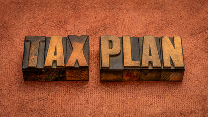 tax plan, financial concept, words in vintage letterpress wood type, business and tax optimization