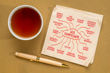 self compasion concept, treating oneself with kindness, understanding, and empathy,  mind map sketch on a napkin