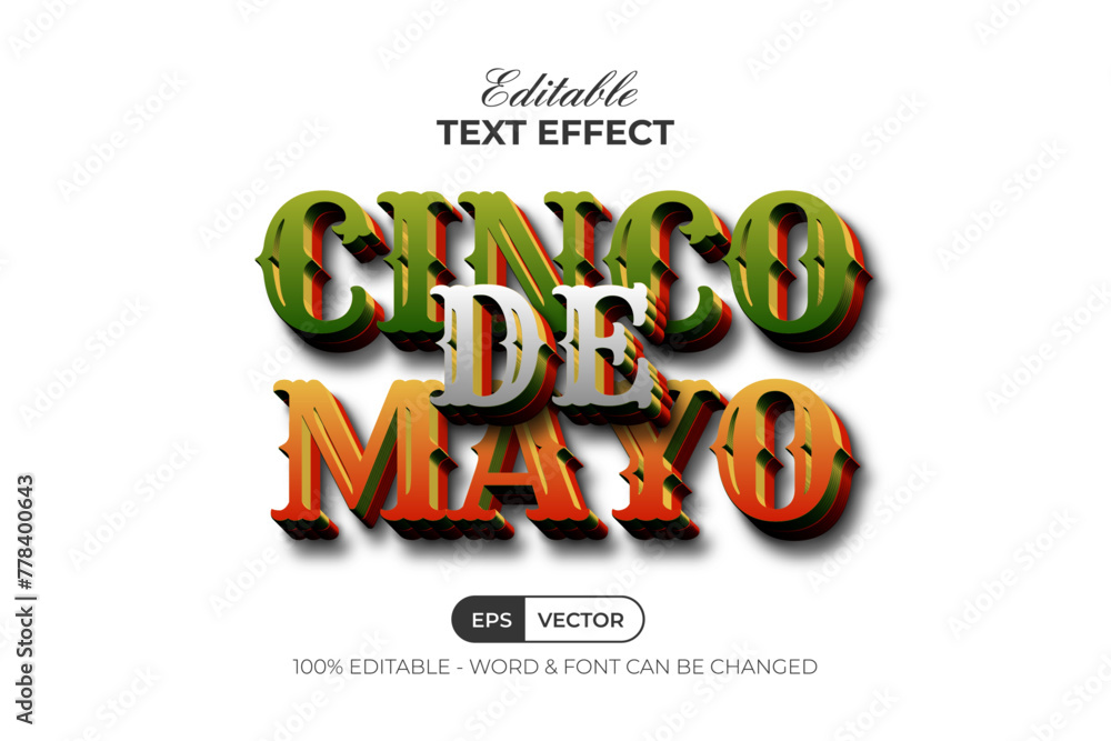 Poster 3d text effect cinco de mayo layered color style. editable text effect vector.