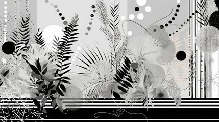 Obraz premium Graphic illustration featuring delicate plants and decorative elements, in palest green, black and white