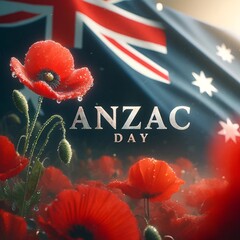Wallpaper for anzac day with an australian flag and red poppies. - obrazy, fototapety, plakaty
