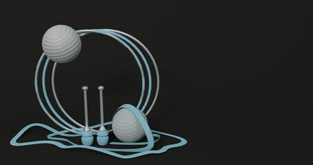composition of ribbon, balls, mace, hoop for rhythmic gymnastics 3 d render cartoon, blue silver on a black background
