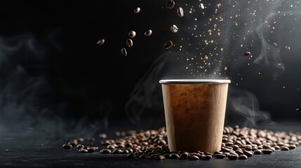 Espresso coffee to go in a paper cup spills with falling coffee beans and steam on a black...
