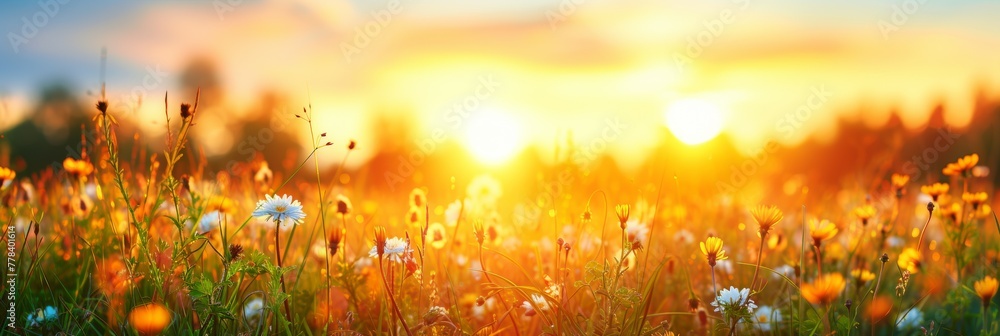 Poster chamomiles or daisies bloom in a field. backdrop with selective focus and copy space